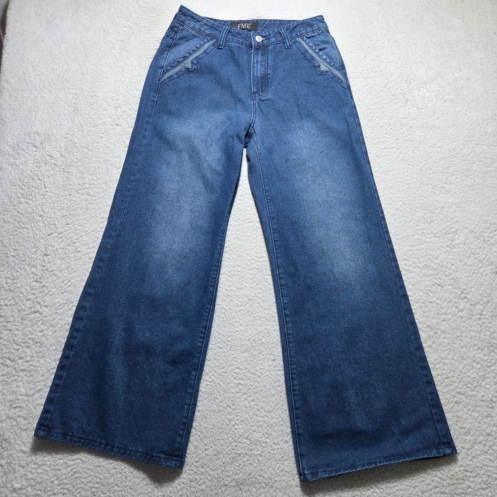 FME Jeans Pants Womens Size L Blue Wide Leg High Rise Denim Y2K Retro Streetwear